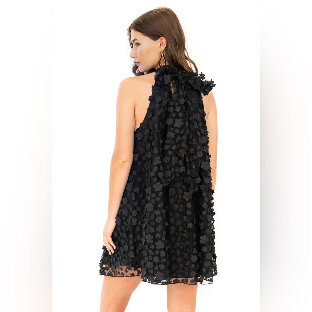 Eva Franco Black Mini Dress with Floral Appliqué